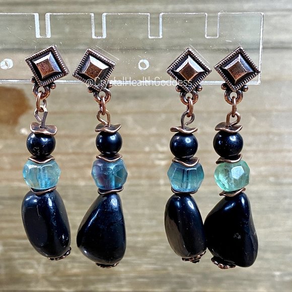 Shungite + Fluorite + Antique Copper Dangle Earrings - Picture 4 of 5